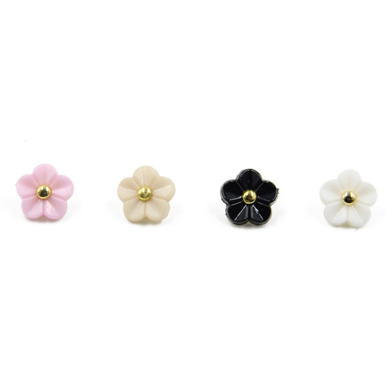 11mm flower resin shirt buttons with gold shank; pink, cream, black, and white shown
