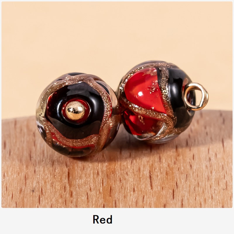 Red glazed bead Chinese cheongsam buttons (2) with gold speckle and metal loops
