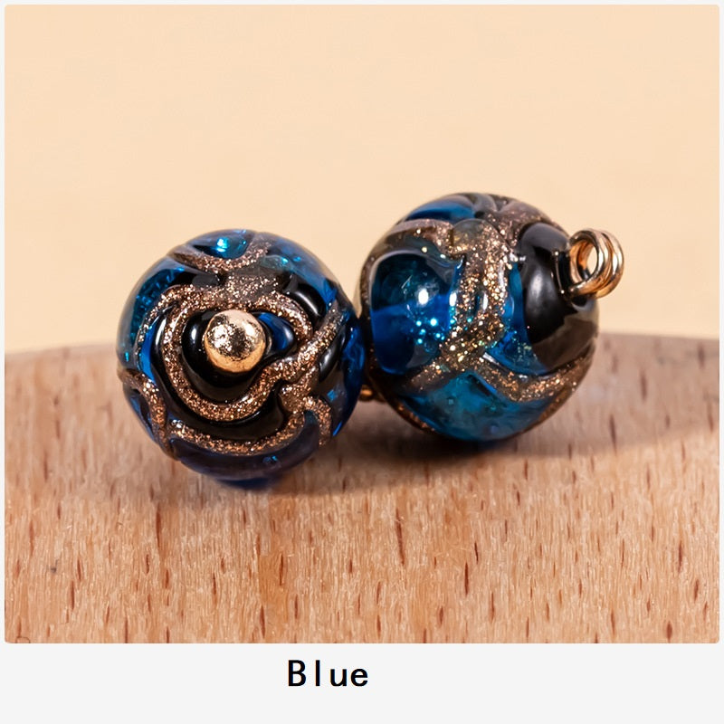 Blue glazed bead Chinese cheongsam buttons (2) with gold speckle and metal loops