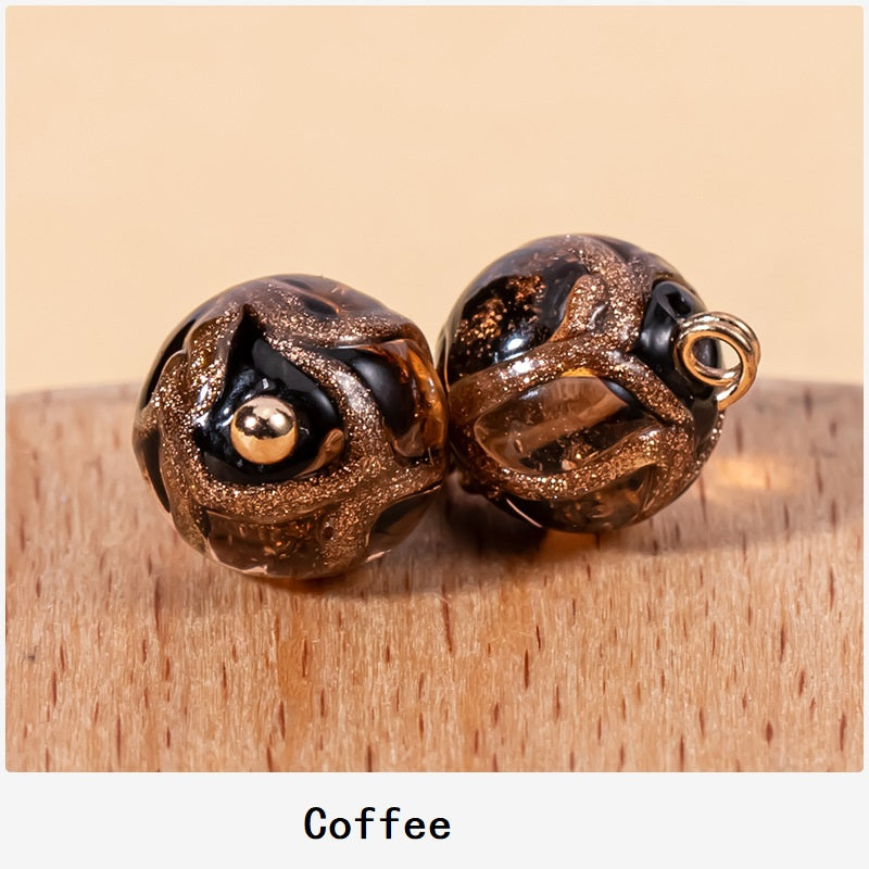 Coffee brown glazed bead Chinese cheongsam buttons (2) with gold speckle and metal loops