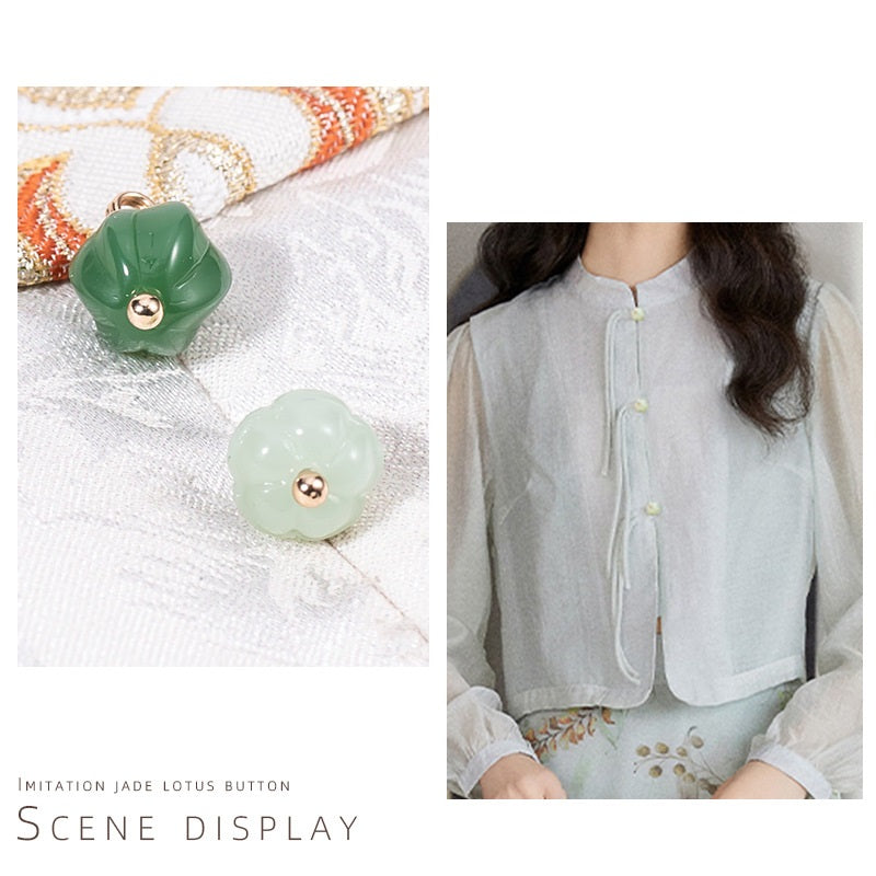 Glazed pumpkin cheongsam buttons on light jacket front: green and pale green, gold posts