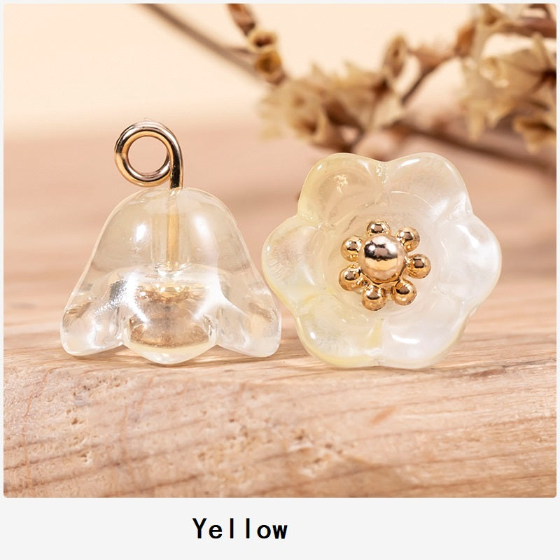 Chinese glaze lily of the valley button, yellow with gold-tone flower center and loop