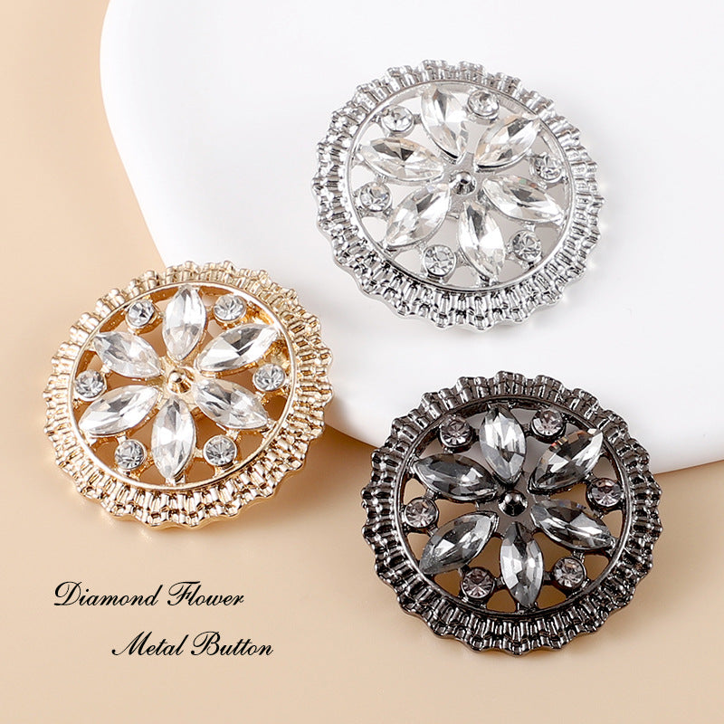 Runde Strassblumen-Knöpfe mit Schaft, gold, silber und gunmetal, 10er-Set