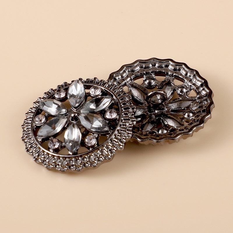 Gunmetal-farbene runde Strassblumen-Knöpfe mit Schaft, Vorderseite und Rückseite