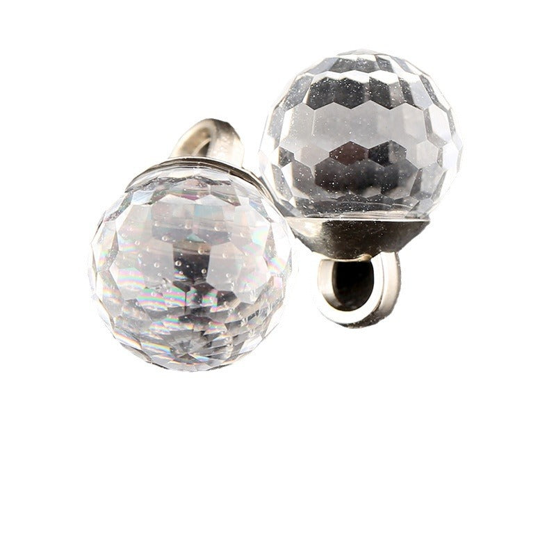 10mm clear faceted glass spherical button with metal shank, close-up
