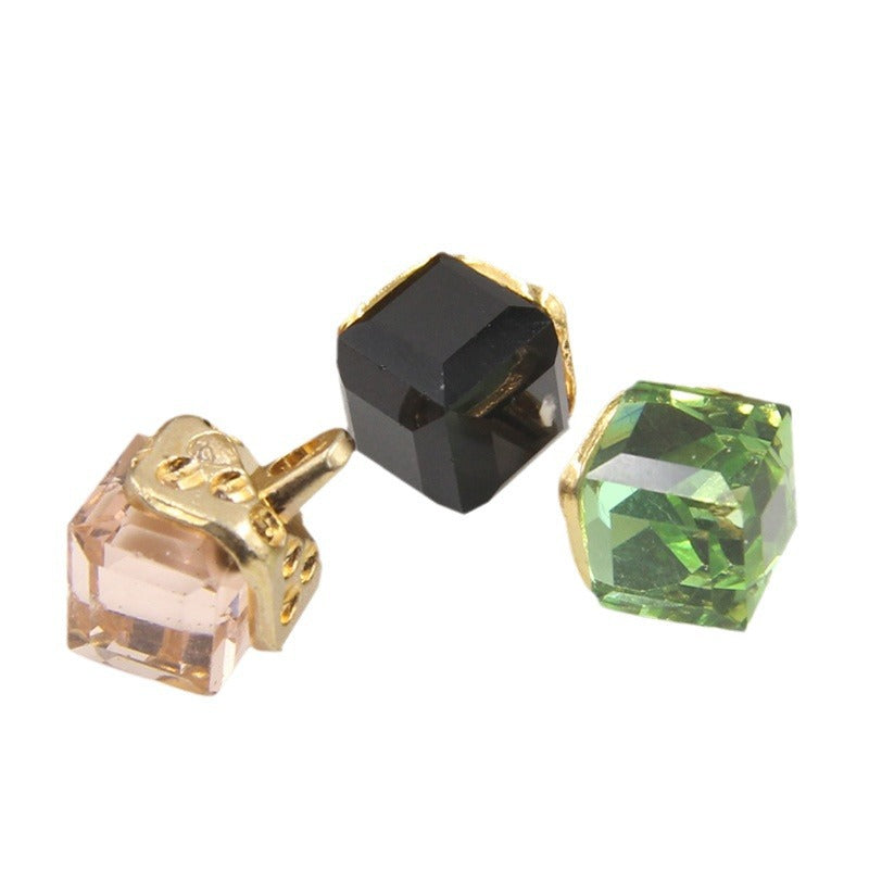Botones mini de cristal cuadrado: negro, rosa pálido y verde con montura dorada