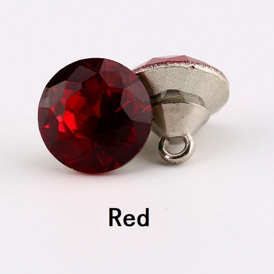 Red crystal clear glass button, faceted 10mm, metal shank with loop