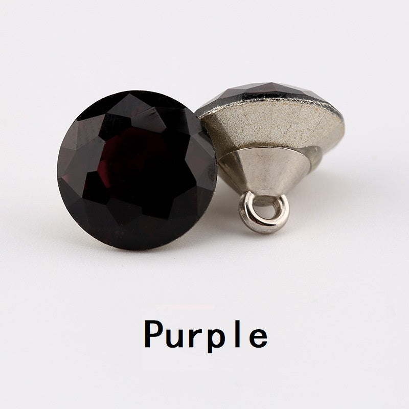 Purple crystal clear glass button, faceted 10mm, metal shank with loop