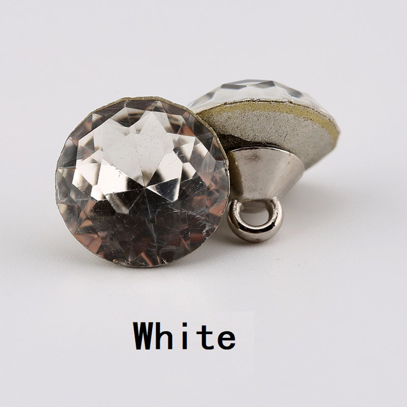 White crystal clear glass button, faceted 10mm, metal shank with loop