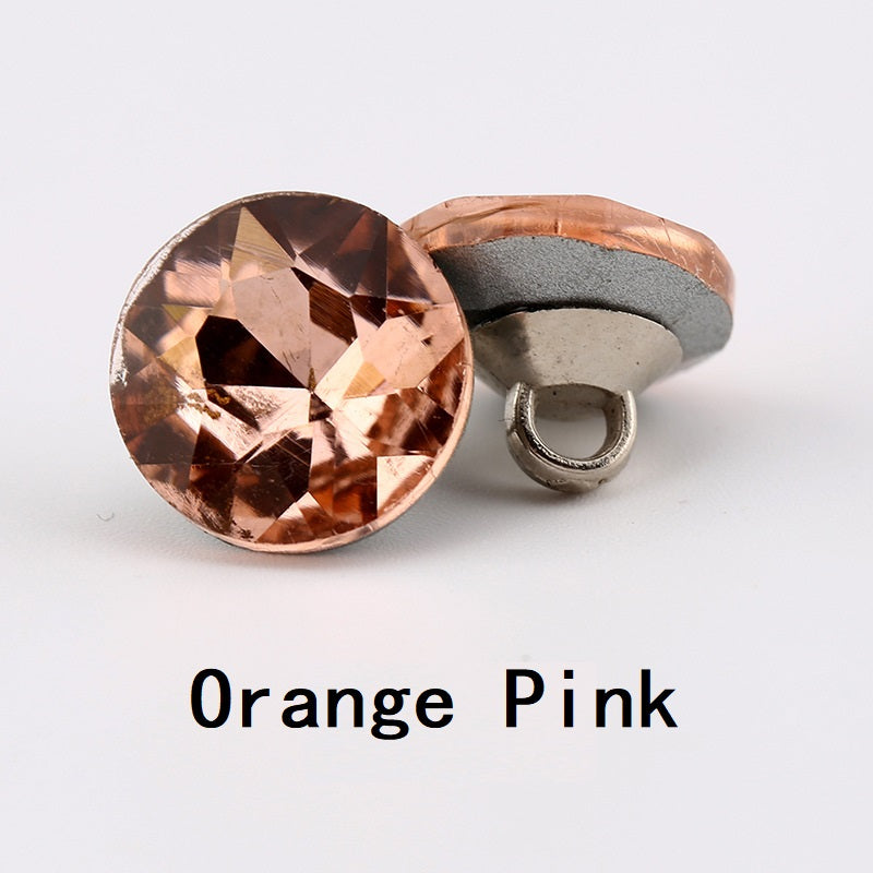 Orange Pink crystal clear glass button, faceted 10mm, metal shank with loop