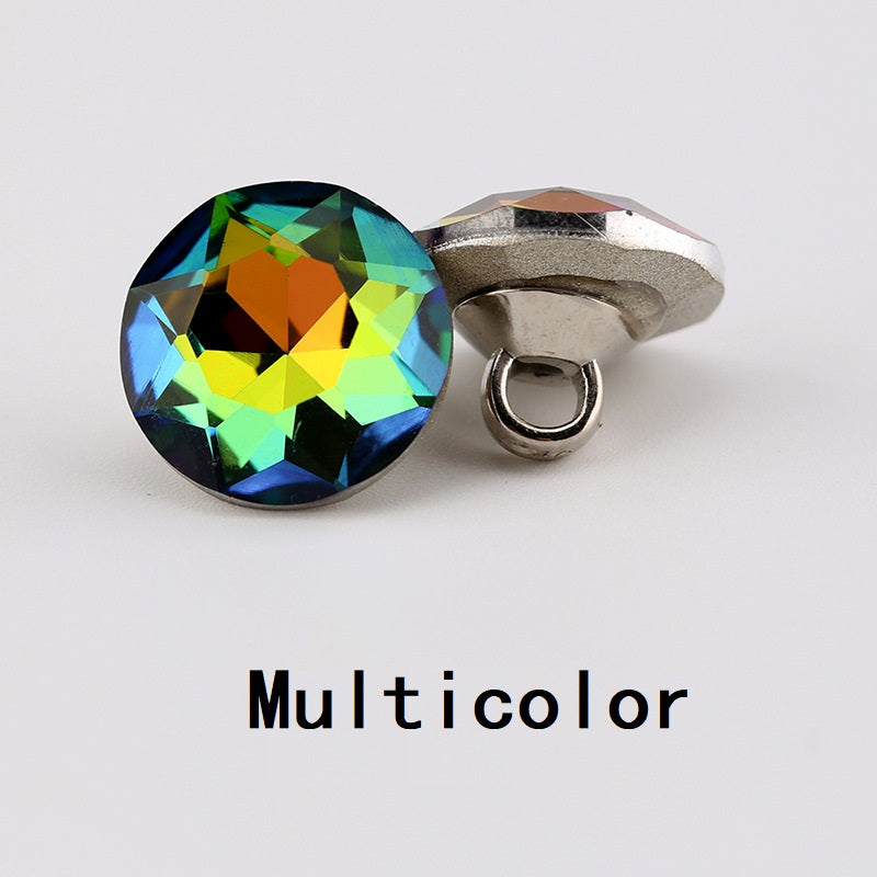 Multicolor crystal clear glass button, faceted 10mm, metal shank with loop
