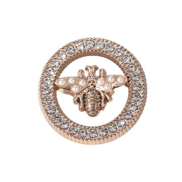 Gold bee rhinestone button, 18–23mm, pearl accents, round crystal border
