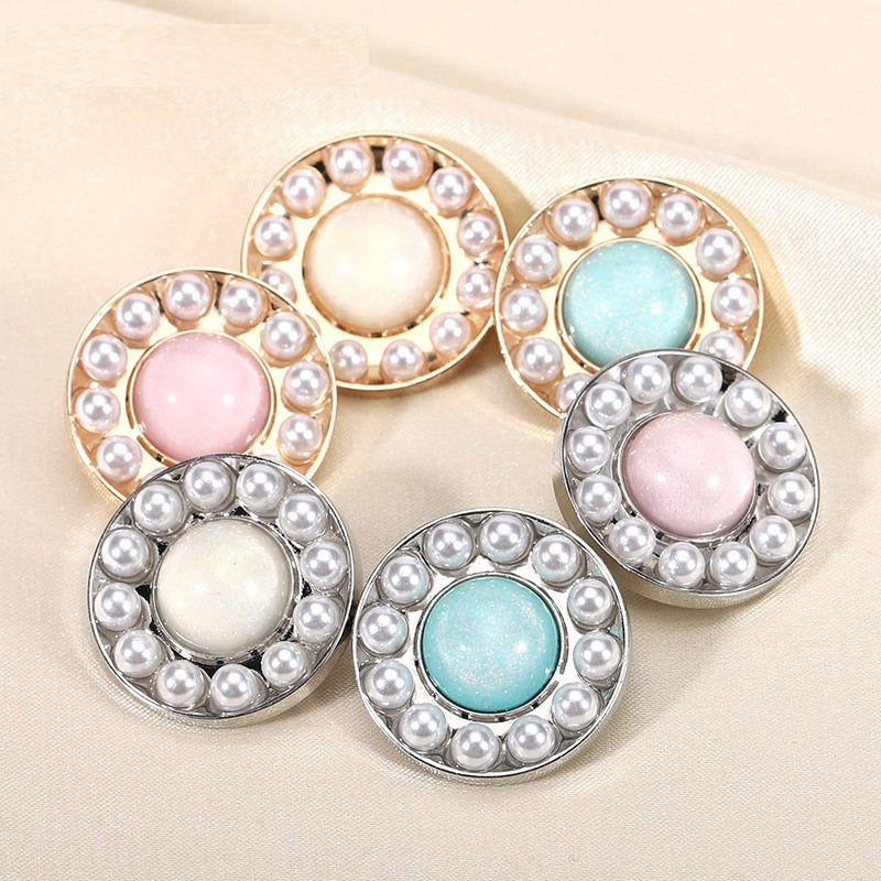 Round pearl resin buttons set: pink/gold, white/gold, blue/gold, white/silver, pink/silver, blue/silver