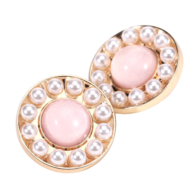Round pearl resin button, pink center with gold rim and shank; 18–25mm, 10 pcs