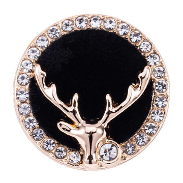 Golden deer head metal shank button with black center and crystal-studded rim