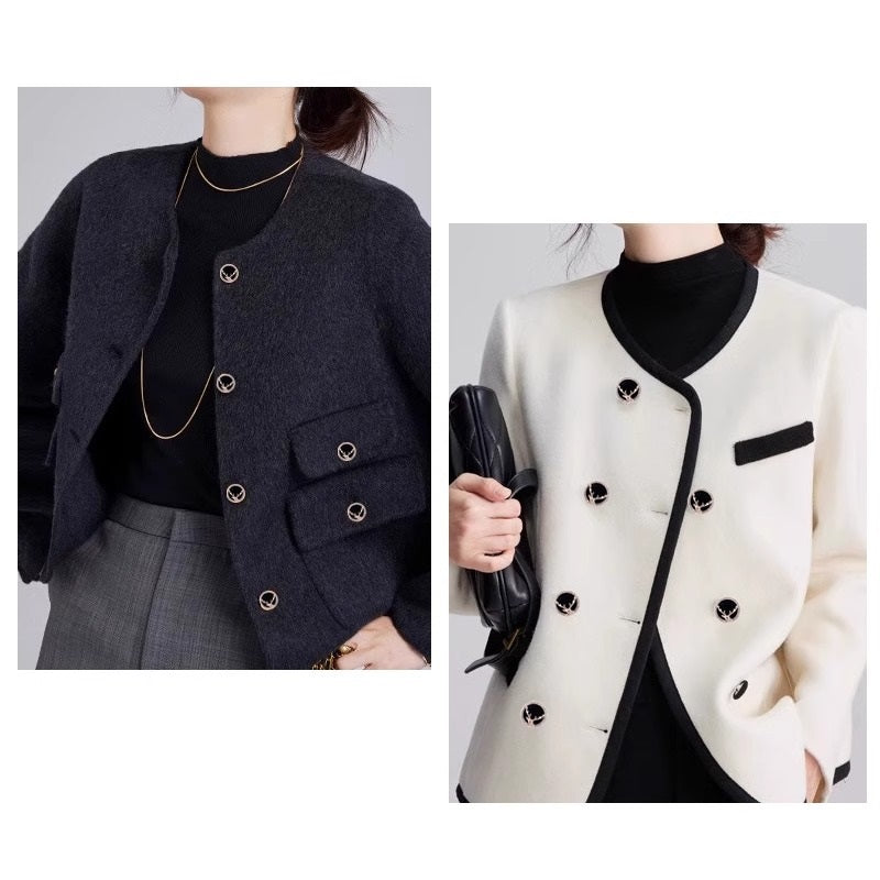 Deer head gold shank buttons on dark and light jackets; crystal-studded black centers