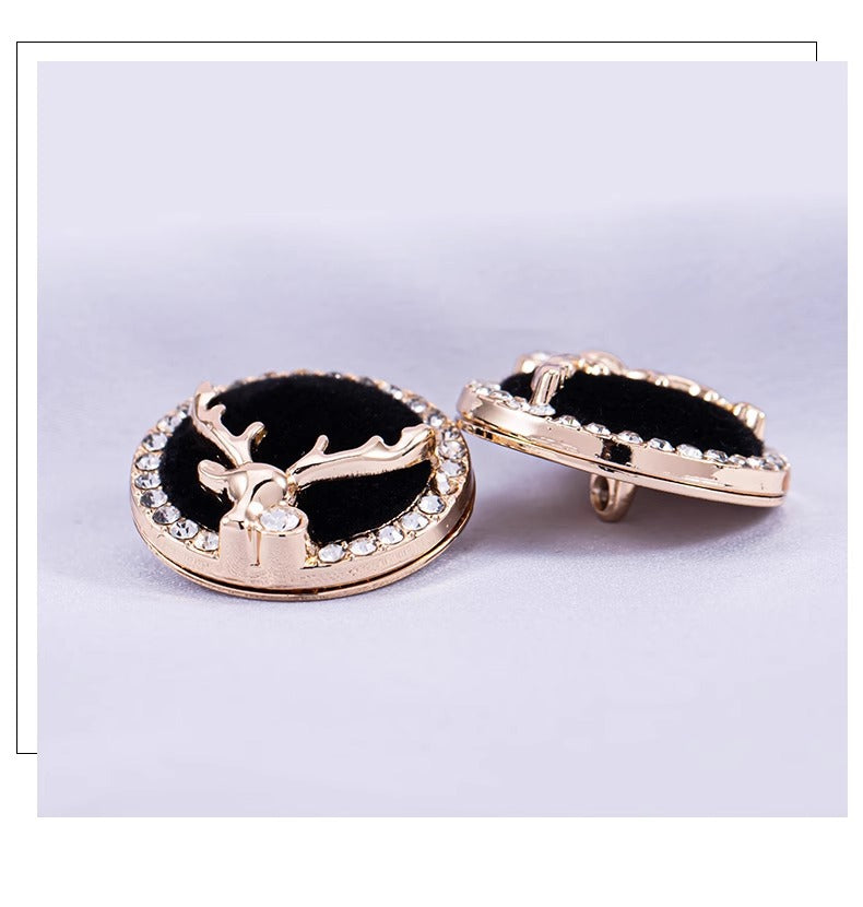 Golden deer head shank button pair, black backing with sparkling crystal border