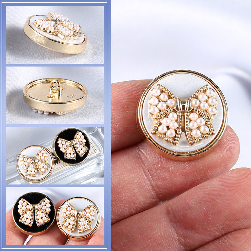 Gold bowknot metal shank button set view: front and back, white faux pearls