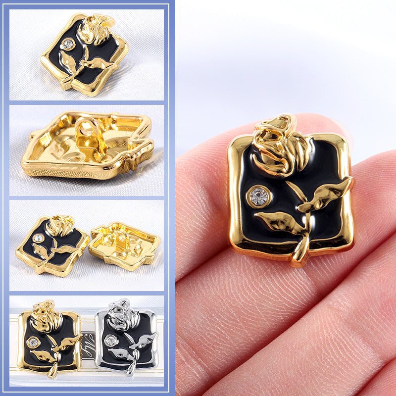 Gold-tone rose rhinestone metal buttons; front and back views with clear gems