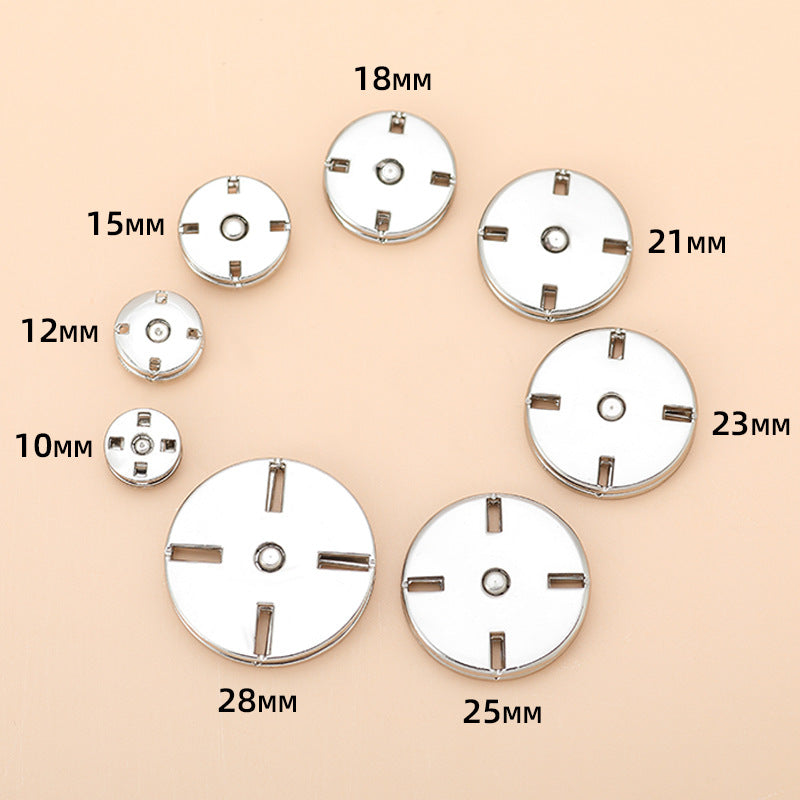 Invisible snap buttons shown by size: 10mm to 28mm, round metal discs