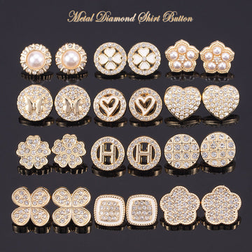 Golden rhinestone shirt buttons, assorted designs with pearls, hearts, flowers and letters; 11-13mm