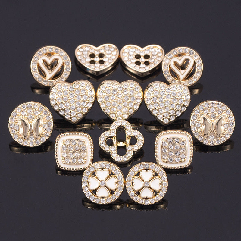 Golden rhinestone shirt buttons with heart shapes and crystal details; 11-13mm