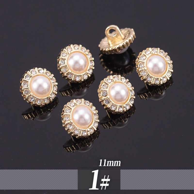 Golden pearl rhinestone shirt buttons, round top with crystal border and prong backs; 11-13mm