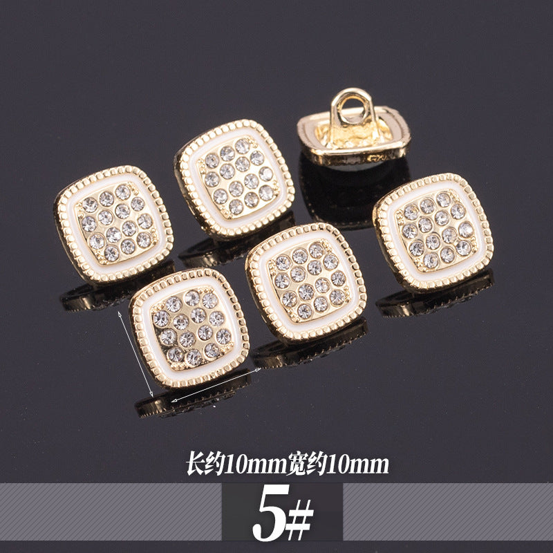 Golden rhinestone shirt buttons with square crystal cluster and beaded rim; 11-13mm