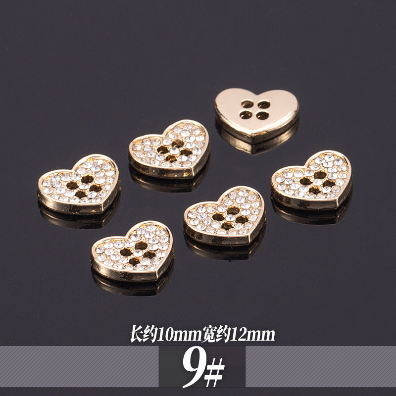 金色金属衬衫纽扣 爱心水钻，约10-12mm（9号）