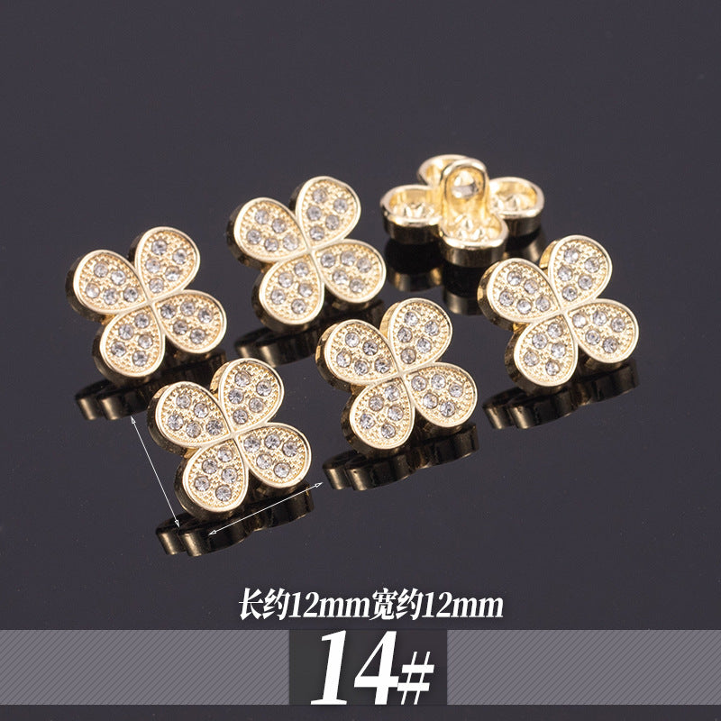金色金属衬衫纽扣 四瓣花形水钻，约12mm宽12mm（14号）