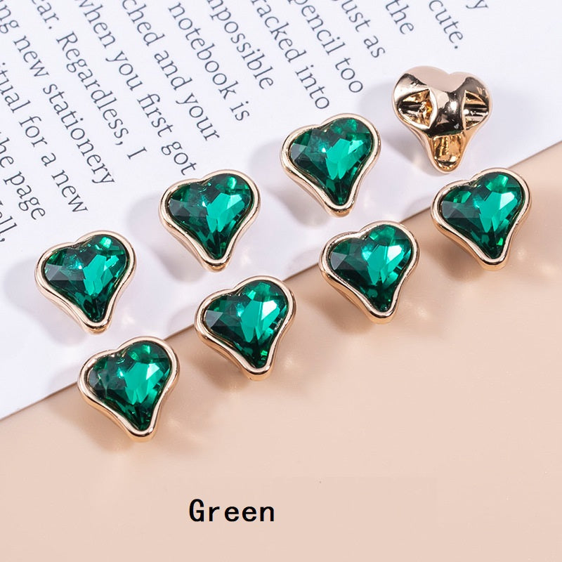Green heart-shaped crystal metal shirt buttons set (12pcs)