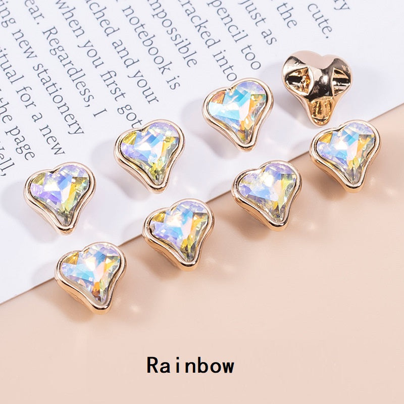 Rainbow heart-shaped crystal metal shirt buttons set (12pcs) with iridescent stones