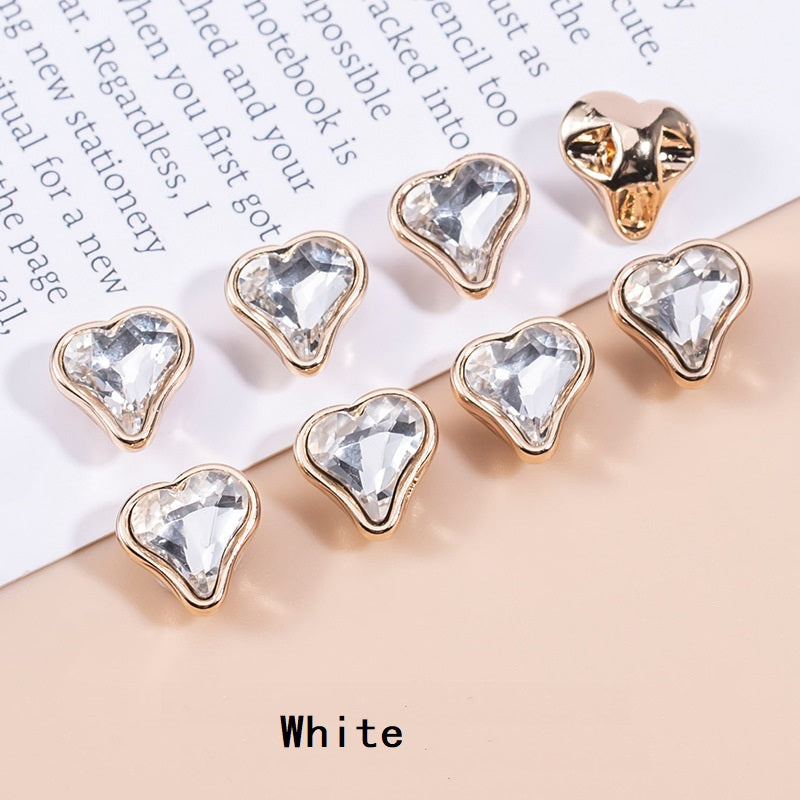 Heart-shaped crystal metal buttons, white set of 12