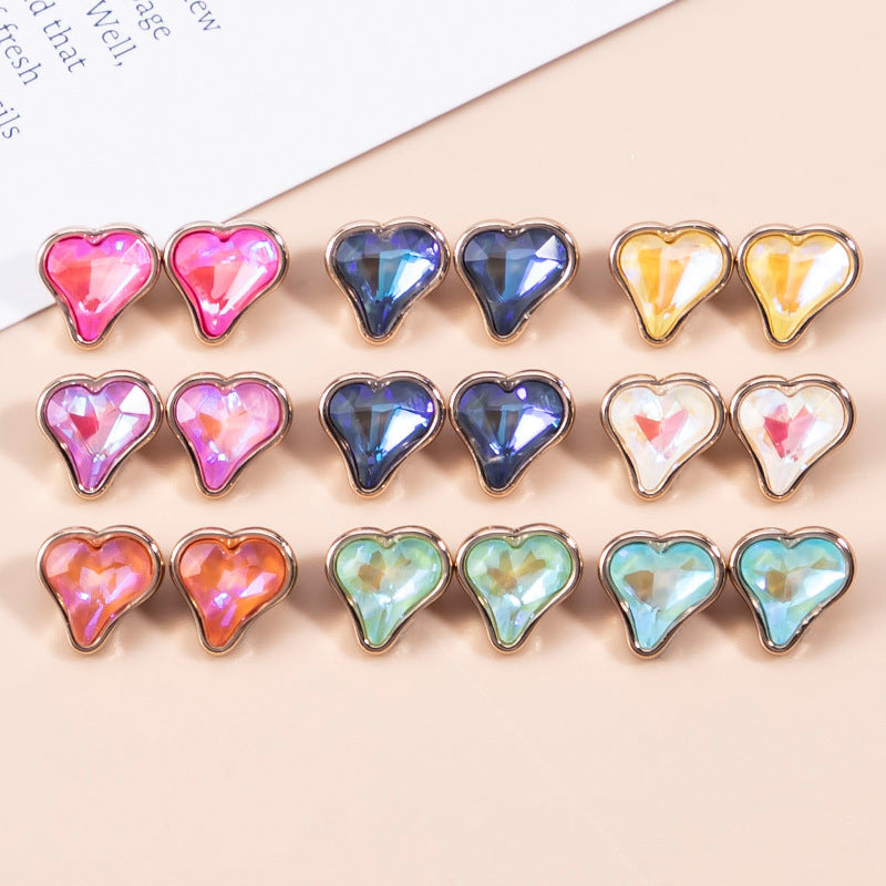 Crystal heart-shaped metal buttons set, mixed colors with gold-tone edging (10mm, 20pcs)