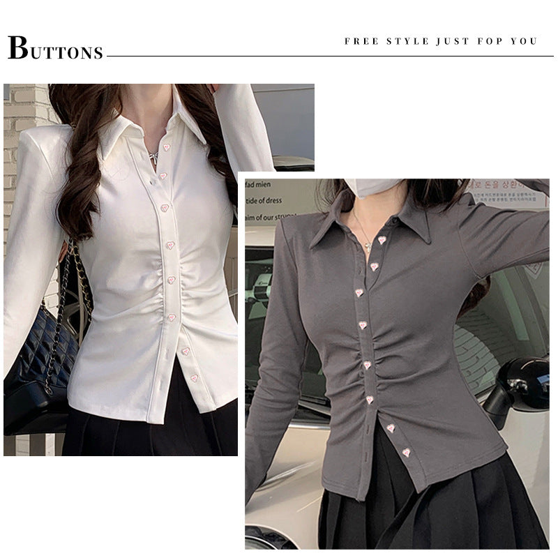 Crystal heart-shaped buttons in pink accents for women’s shirts, decorative button front view