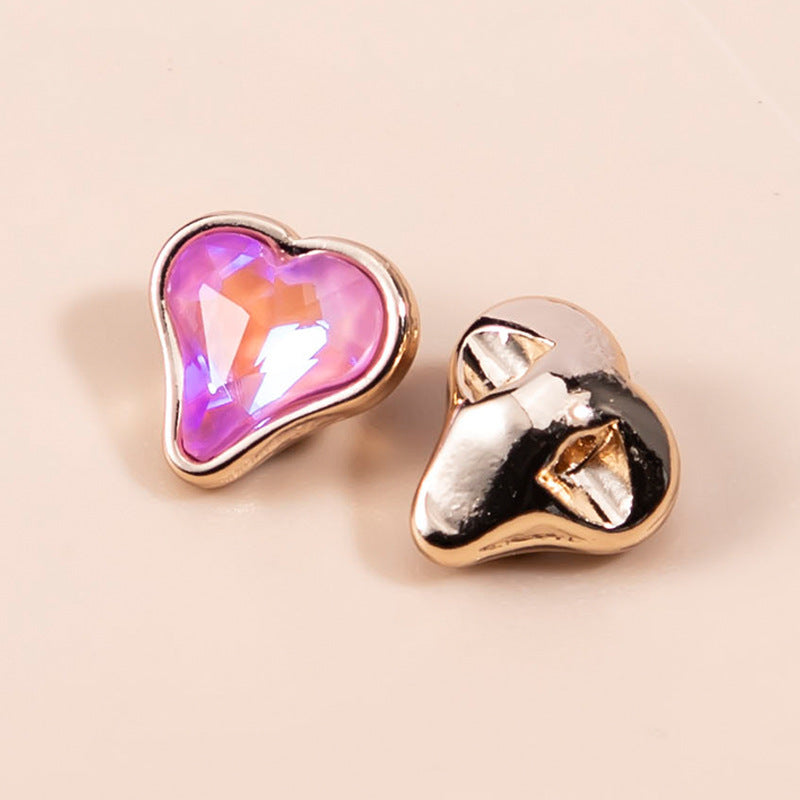 Pink crystal heart-shaped metal button shown front and back with gold-tone metal base (10mm)