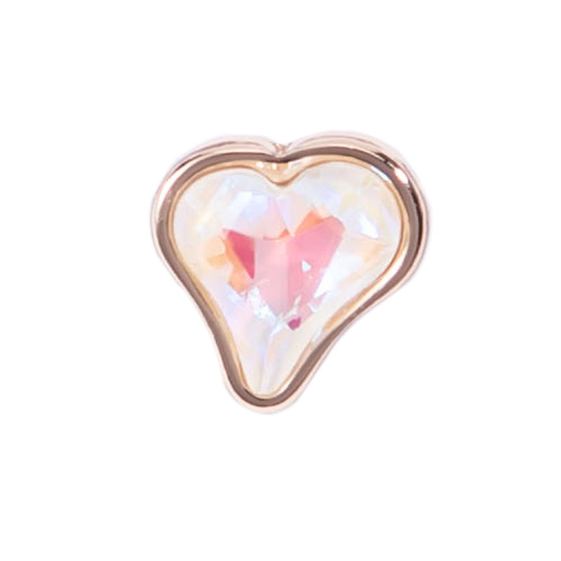 White crystal heart-shaped metal button, shiny faceted center with gold-tone frame (10mm)
