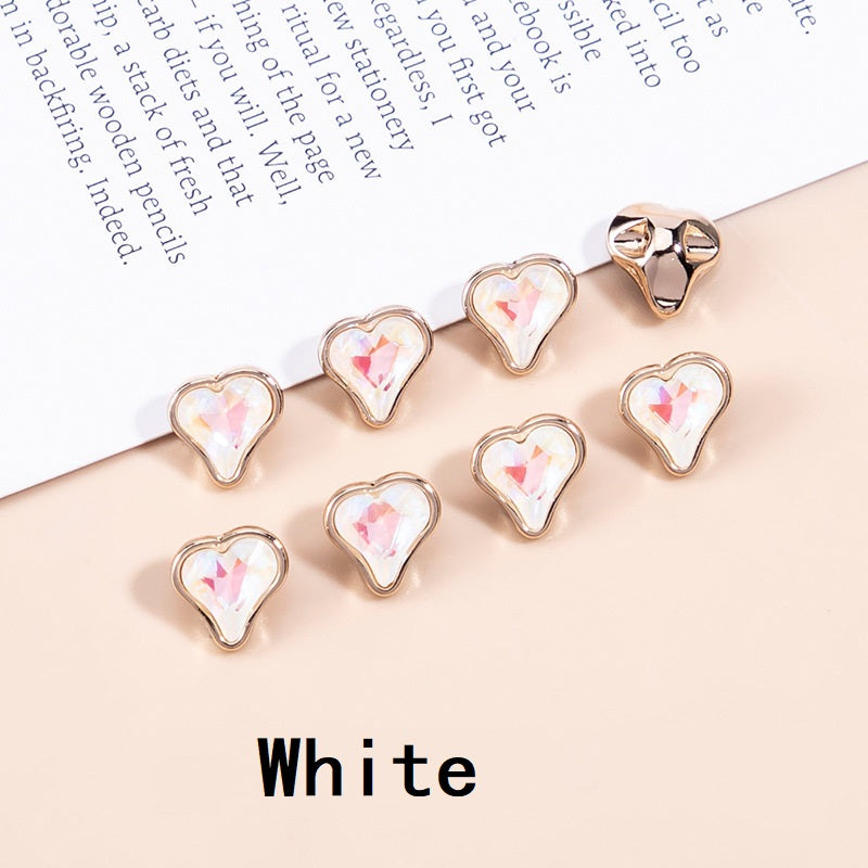 White crystal heart-shaped metal buttons, small faceted heart centers in gold-tone frames (10mm)