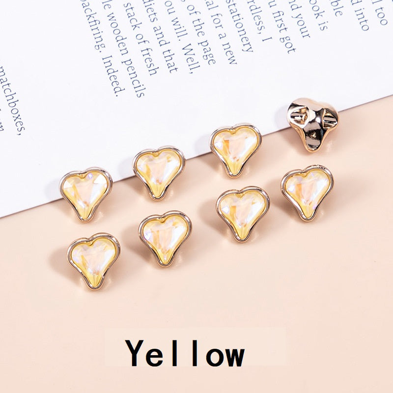 Yellow crystal heart-shaped metal buttons, faceted heart centers in gold-tone frames (10mm)