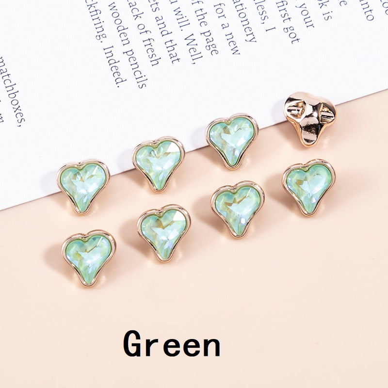 Green crystal heart-shaped metal buttons, faceted heart centers in gold-tone frames (10mm)