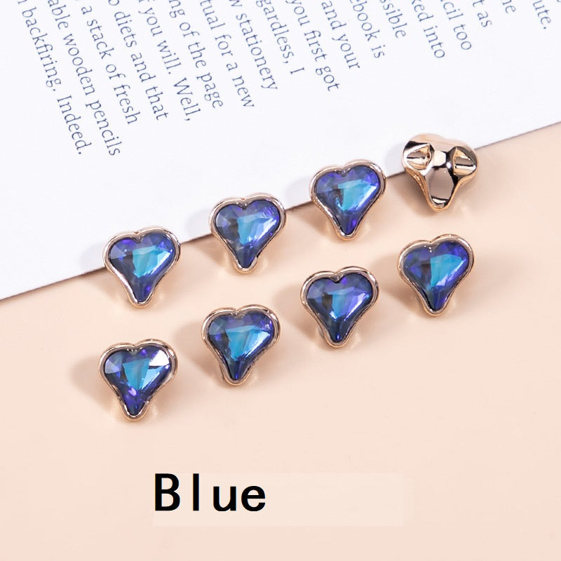 Blue crystal heart-shaped metal buttons, faceted heart centers in gold-tone frames (10mm)