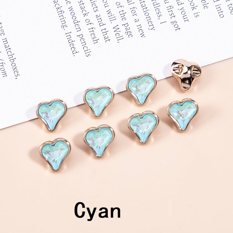 Cyan crystal heart-shaped metal buttons, faceted heart centers in gold-tone frames (10mm)