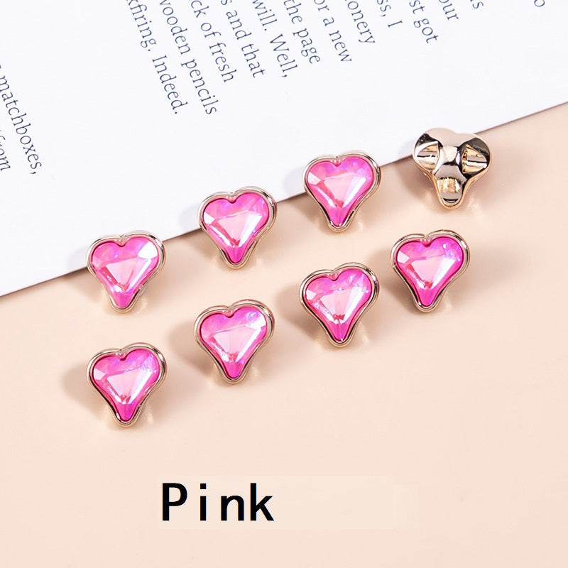 Pink crystal heart-shaped metal buttons, faceted heart centers in gold-tone frames (10mm)