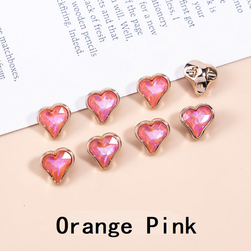 10mm heart-shaped crystal metal buttons, orange pink, 20pcs