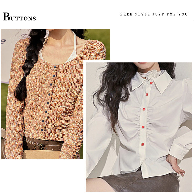 Square shirt buttons with shanks on garments: dark blue and red, gold trim