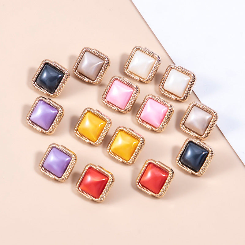11.5mm square resin shirt buttons with shanks, mixed colors, gold-tone frames