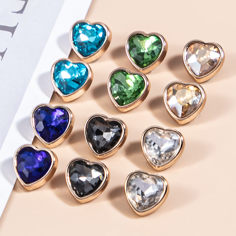 Heart-shaped crystal glass shirt buttons, mixed colors with gold-tone metal frames