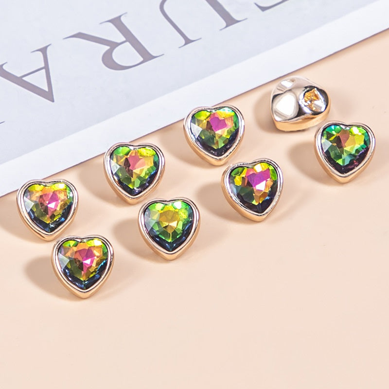Heart-shaped crystal shirt buttons, multicolor rainbow facets on gold-tone metal backs