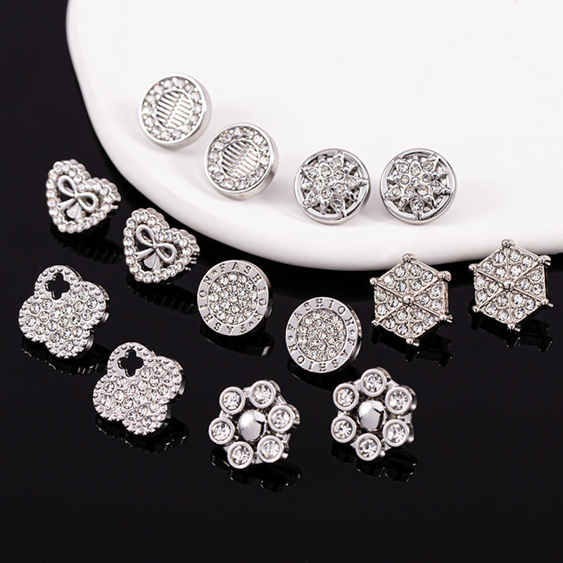 Silver metal rhinestone shirt buttons assortment, round and square sparkling designs