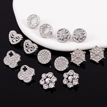 Silver metal rhinestone shirt buttons assortment, round and square sparkling designs
